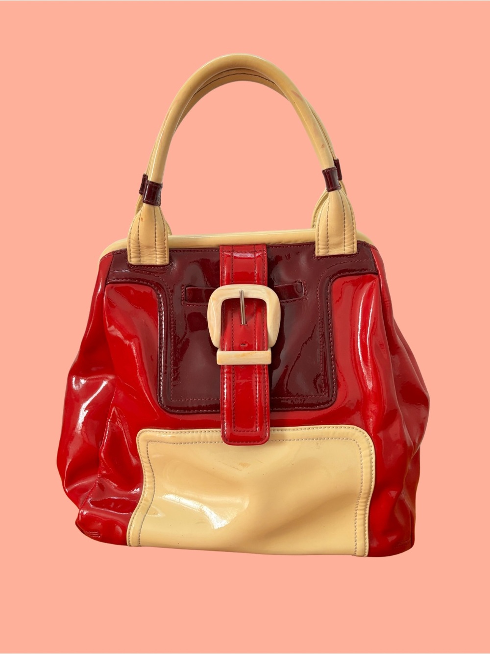 Orla Kiely Patent Leather Colorblock Tote Bag in Red and Cream